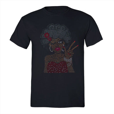 XtraFly Apparel Men&#39;s Tee Afro Lady Winking Sequin Rhinestone Fashionista Sexy African Rasta Rastafari Cornrows Jamaican DJ Crewneck T-shirt