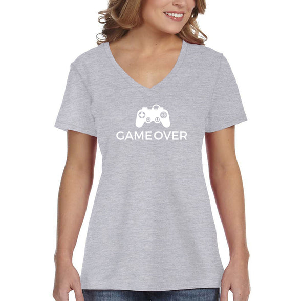 XtraFly Apparel Women&#39;s Game Over Controller Video Games Gamer Gaming Level Up Console PC Player V-neck T-shirt