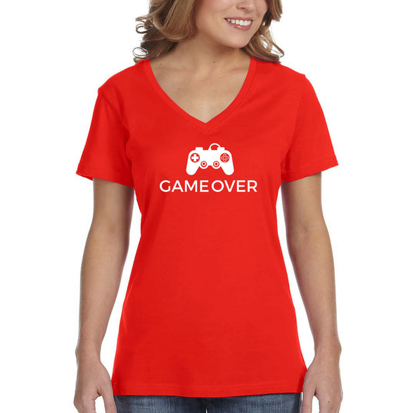 XtraFly Apparel Women&#39;s Game Over Controller Video Games Gamer Gaming Level Up Console PC Player V-neck T-shirt