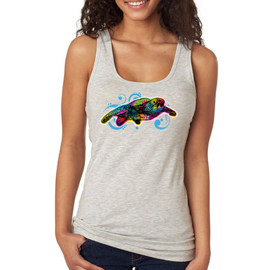 XtraFly Apparel Women&#39;s Sea Turtle Swirl Neon Tie Dye Ocean Animal Beach Saltwater Surfing Swimming Diving Boating Fish Fishing Racerback