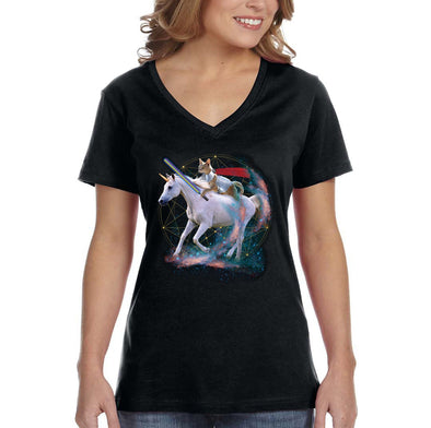 XtraFly Apparel Women&#39;s Unicorn Warrior Cat Space Galaxy Mythical Animal Rainbow Pet Horse Pony Magic UFO Mars Moon Alien V-neck T-shirt