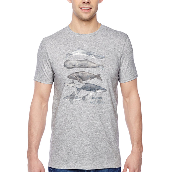 XtraFly Apparel Men&#39;s Tee Creatures of North Atlantic Humpback Whale Blue Orca Sperm Fin Beluga Nantucket Diving Boating Crewneck T-shirt