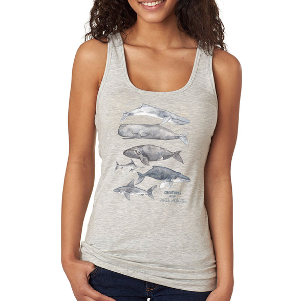 XtraFly Apparel Women&#39;s Creatures of North Atlantic Humpback Whale Blue Orca Sperm Fin Beluga Nantucket Diving Boating Fish Beach Racerback