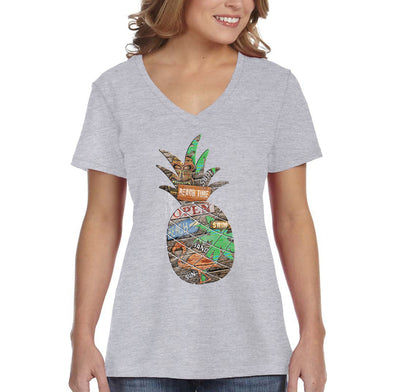 XtraFly Apparel Women&#39;s Beach Pineapple Tropical Vacation Tiki Flamingo Palm Tree Hawaii Hawaiian Summer Surf Surfing Ocean V-neck T-shirt