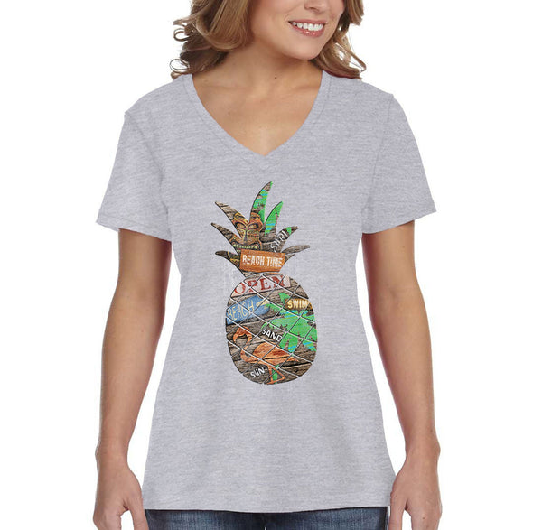 XtraFly Apparel Women&#39;s Beach Pineapple Tropical Vacation Tiki Flamingo Palm Tree Hawaii Hawaiian Summer Surf Surfing Ocean V-neck T-shirt