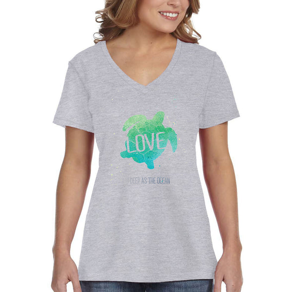 XtraFly Apparel Women&#39;s Love Deep As Ocean Sea Turtle Animal Swim Swimming Fish Fishing Saltwater Surf Surfing Vacation Beach V-neck T-shirt