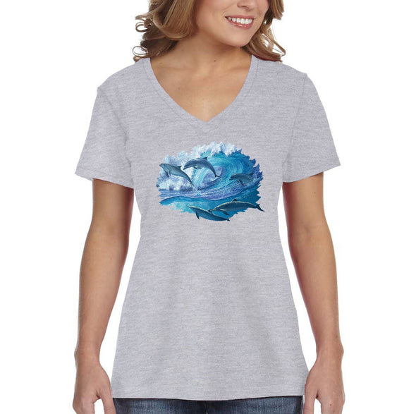 XtraFly Apparel Women&#39;s Dolphins Swimming Waves Ocean Sea Surfing Sailing Fish Fishing Great White Shark Mako Tiger Blue V-neck T-shirt