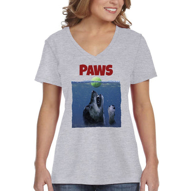XtraFly Apparel Women&#39;s Paws Dog Swim Swimming Jaws Animal Puppy Pet Ocean Sea Diving Great White Shark Fish Fishing Beach V-neck T-shirt