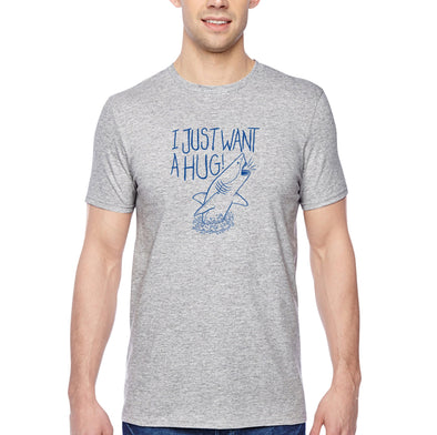 XtraFly Apparel Men&#39;s Tee Just Want Hug Great White Shark Tiger Hammer Head Mako Blue Fish Fishing Ocean Sea Swimming Beach Crewneck T-shirt