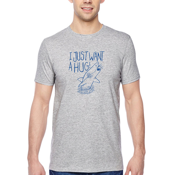 XtraFly Apparel Men&#39;s Tee Just Want Hug Great White Shark Tiger Hammer Head Mako Blue Fish Fishing Ocean Sea Swimming Beach Crewneck T-shirt