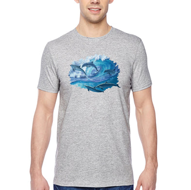 XtraFly Apparel Men&#39;s Tee Dolphins Swimming Waves Ocean Sea Surfing Sailing Fish Fishing Great White Shark Mako Tiger Blue Crewneck T-shirt