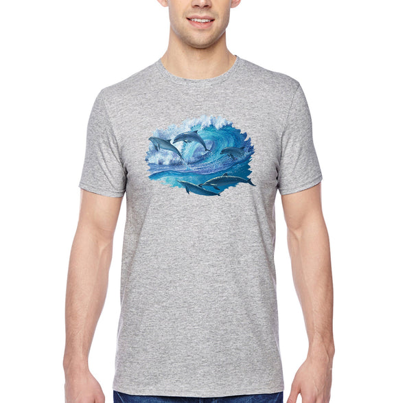 XtraFly Apparel Men&#39;s Tee Dolphins Swimming Waves Ocean Sea Surfing Sailing Fish Fishing Great White Shark Mako Tiger Blue Crewneck T-shirt