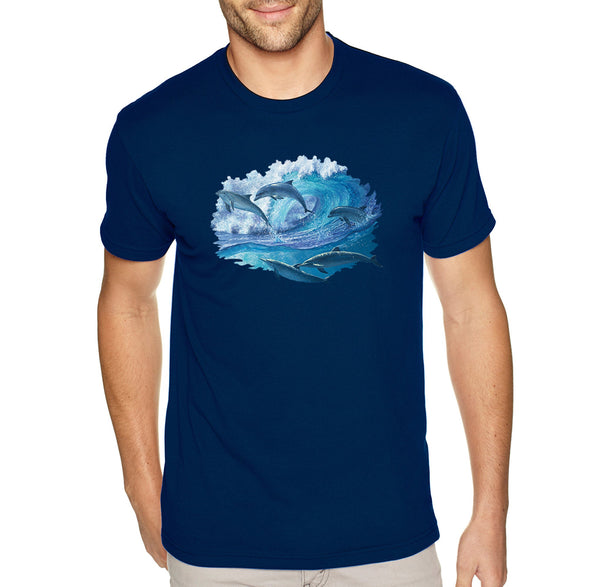 XtraFly Apparel Men&#39;s Tee Dolphins Swimming Waves Ocean Sea Surfing Sailing Fish Fishing Great White Shark Mako Tiger Blue Crewneck T-shirt