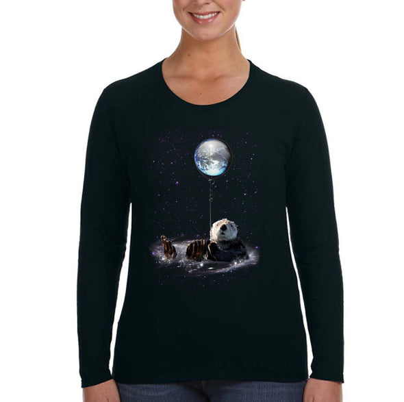 XtraFly Apparel Women&#39;s Space Otter Galaxy Earth Beaver Badger Animal Zoo Mars Moon Alien UFO Rocket Ship Astronaut Sea Long Sleeve T-Shirt