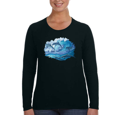 XtraFly Apparel Women&#39;s Dolphins Swimming Waves Ocean Sea Surfing Sailing Fish Fishing Great White Shark Mako Tiger Blue Long Sleeve T-Shirt