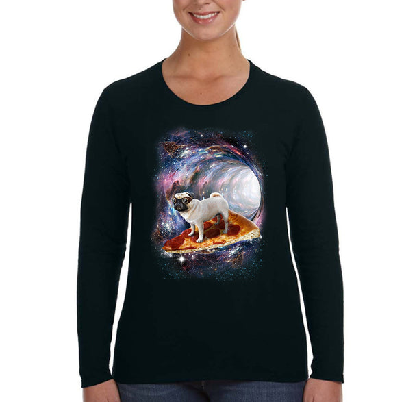 XtraFly Apparel Women&#39;s Pug Riding Pizza Space Galaxy Mars Moon Alien UFO Rocket Ship Astronaut Dog Animal Pet Puppy Long Sleeve T-Shirt