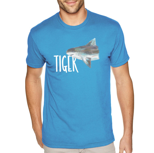 XtraFly Apparel Men&#39;s Tee Tiger Shark Great White Hammer Head Mako Blue Fish Fishing Ocean Sea Swimming Fisherman Beach Crewneck T-shirt