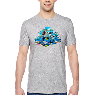 XtraFly Apparel Men&#39;s Tee Ocean Selfie Mural Turtle Orca Whale Dolphin Stingray Beluga Great White Shark Sea Fish Beach Crewneck T-shirt