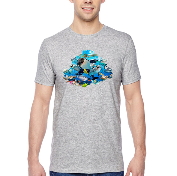 XtraFly Apparel Men&#39;s Tee Ocean Selfie Mural Turtle Orca Whale Dolphin Stingray Beluga Great White Shark Sea Fish Beach Crewneck T-shirt