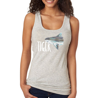 XtraFly Apparel Women&#39;s Tiger Shark Great White Hammer Head Mako Blue Fish Fishing Ocean Sea Swim Swimming Fisherman Diving Beach Racerback