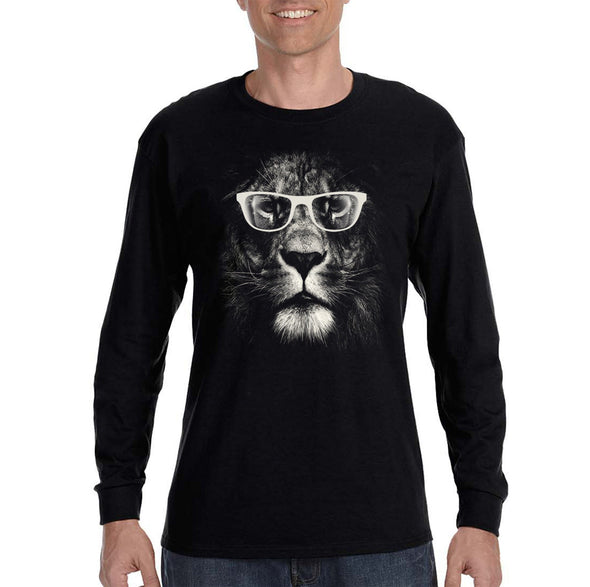XtraFly Apparel Men&#39;s Lion Glasses Wild Animal Zoo Jungle Tiger Wildlife Africa African Cat Safari Nerd Geek Long Sleeve T-Shirt