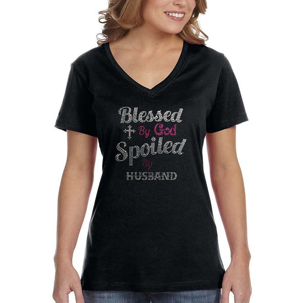 XtraFly Apparel Women's Blessed By God Spoiled By Husband Pink Sequin Rhinestone Cross Religious Jesus Christ Church Faith V-neck T-shirt
