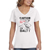 XtraFly Apparel Women&#39;s Caution I&#39;m Salty Great White Shark Jaws Danger Beach Fish Fishing Diving Boating Swim Saltwater Sea V-neck T-shirt