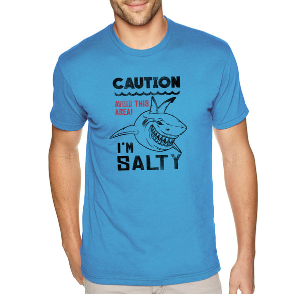 XtraFly Apparel Men&#39;s Tee Caution I&#39;m Salty Great White Shark Jaws Danger Beach Fish Fishing Diving Boating Swim Saltwater Crewneck T-shirt