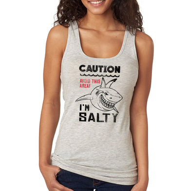 XtraFly Apparel Women&#39;s Caution I&#39;m Salty Great White Shark Jaws Danger Beach Fish Fishing Diving Boating Swim Saltwater Sea Tiger Racerback