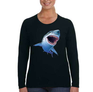 XtraFly Apparel Women&#39;s Sharky Great White Shark Swim Swimming Fish Fishing Diving Boating Beach Mako Blue Tiger Bull Long Sleeve T-Shirt