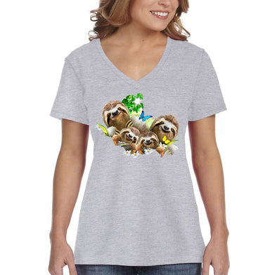 XtraFly Apparel Women&#39;s Sloth Family Selfie Wild Lazy Animal Flower Butterfly Tropical Rainforest Forest Jungle Zoo Nature V-neck T-shirt