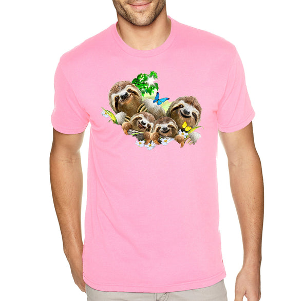 XtraFly Apparel Men&#39;s Tee Sloth Family Selfie Wild Lazy Animal Flower Butterfly Tropical Rainforest Forest Jungle Zoo Crewneck T-shirt