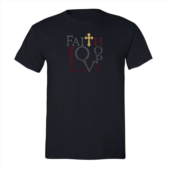 XtraFly Apparel Men&#39;s Tee Faith Love Hope Red Sequin Rhinestone Cross Crucifix Religious Jesus Christ God Church Christian Crewneck T-shirt