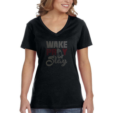 XtraFly Apparel Women&#39;s Wake Pray Slay Hands Red Sequin Rhinestone Faith Cross Religious Jesus Christ God Church Christian V-neck T-shirt