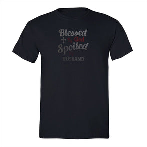 XtraFly Apparel Men&#39;s Tee Blessed By God Spoiled By Husband Red Sequin Rhinestone Religious Jesus Church Cross Faith Bible Crewneck T-shirt