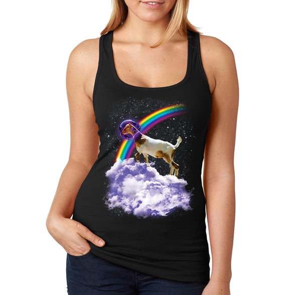 XtraFly Apparel Women&#39;s Rainbow Goat Space Galaxy Astronaut Mars Moon UFO Alien Rocket Ship Wild Animal Zoo Sheep Capricorn Racerback