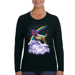 XtraFly Apparel Women&#39;s Rainbow Goat Space Galaxy Astronaut Mars Moon UFO Alien Rocket Ship Animal Zoo Sheep Capricorn Long Sleeve T-Shirt