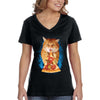XtraFly Apparel Women&#39;s Pizza Cat Fat Kitty Tabby Kitten Space Galaxy Mars Moon Alien UFO Rocket Ship Pepperoni Pet Animal V-neck T-shirt
