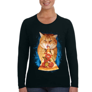 XtraFly Apparel Women&#39;s Pizza Cat Fat Kitty Tabby Kitten Space Galaxy Mars Moon Alien Rocket Ship Pepperoni Pet Animal Long Sleeve T-Shirt