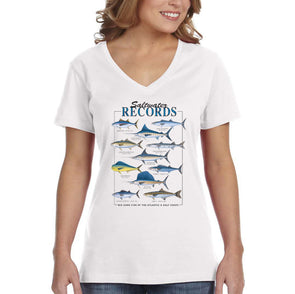 XtraFly Apparel Women&#39;s Saltwater Records Albacore King Mackerel Blue Marlin Amberjack Great Barracuda Swordfish Sailfish Sea V-neck T-shirt