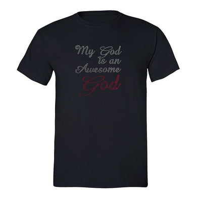 XtraFly Apparel Men&#39;s Tee My God Is Awesome Sequin Rhinestone Heels Religious Jesus Christ God Church Cross Christian Bible Crewneck T-shirt