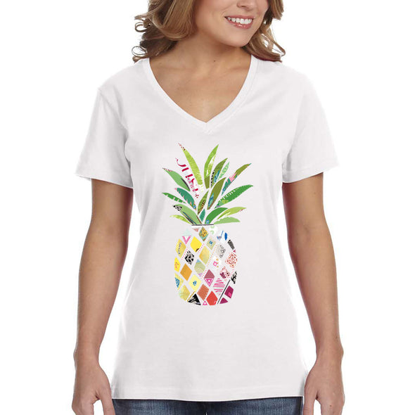 XtraFly Apparel Women&#39;s Patterned Pineapple Beach Vacation Summer Tropical Fruit Hawaii Hawaiian Mango Coconut Pina Colada V-neck T-shirt