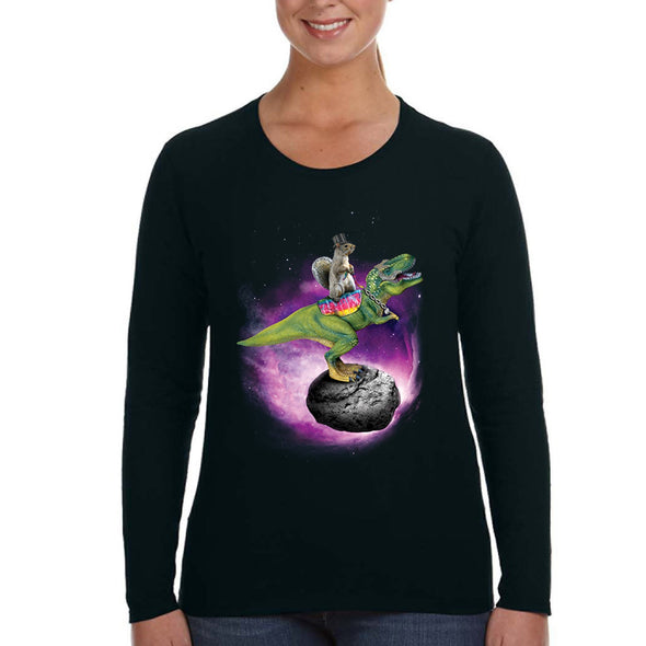 XtraFly Apparel Women&#39;s Squirrel Riding Dinosaur T-Rex Meteor Asteroid Space Galaxy UFO Alien Rocket Ship Moon Animal Long Sleeve T-Shirt
