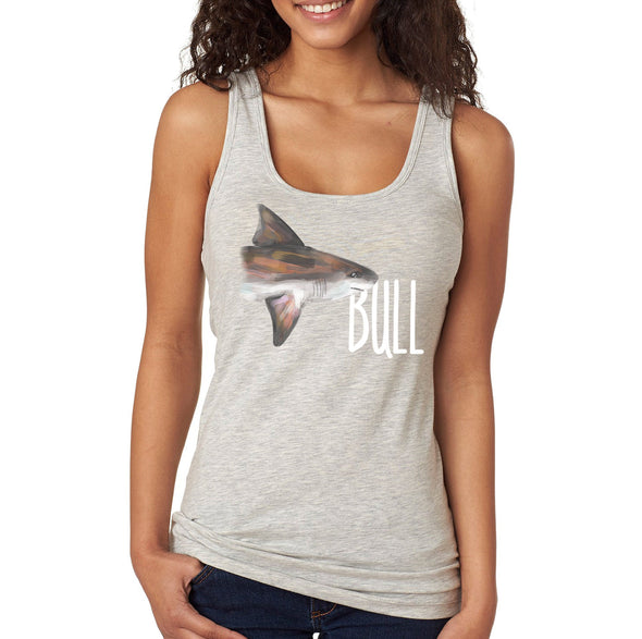 XtraFly Apparel Women&#39;s Bull Shark Great White Hammer Head Mako Tiger Fish Fishing Ocean Sea Swim Swimming Fisherman Diving Beach Racerback