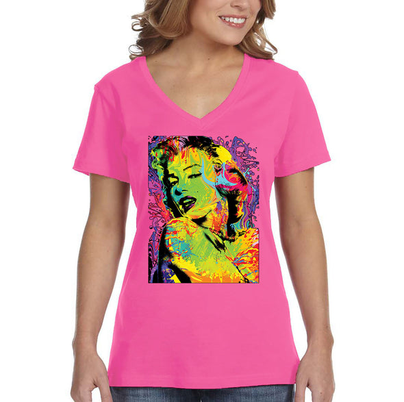 XtraFly Apparel Women&#39;s Neon Marilyn Monroe Sexy Pin Up Vintage Blonde Bombshell Beauty Tie Dye V-neck T-shirt