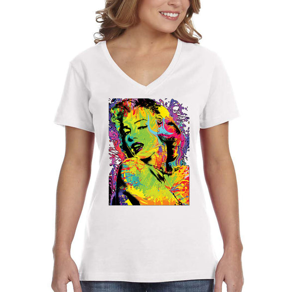 XtraFly Apparel Women&#39;s Neon Marilyn Monroe Sexy Pin Up Vintage Blonde Bombshell Beauty Tie Dye V-neck T-shirt
