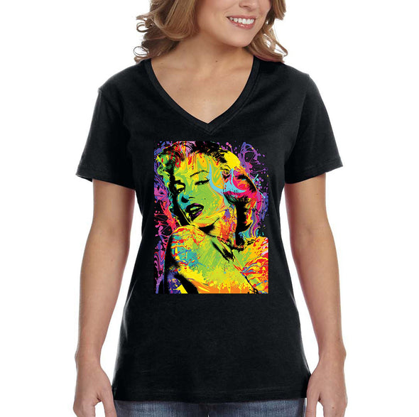 XtraFly Apparel Women&#39;s Neon Marilyn Monroe Sexy Pin Up Vintage Blonde Bombshell Beauty Tie Dye V-neck T-shirt