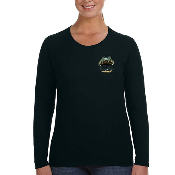XtraFly Apparel Women&#39;s Gator Mouth Crest Alligator Reptile Freshwater Crocodile Bite Swamp River Wild Animal Cayman Long Sleeve T-Shirt