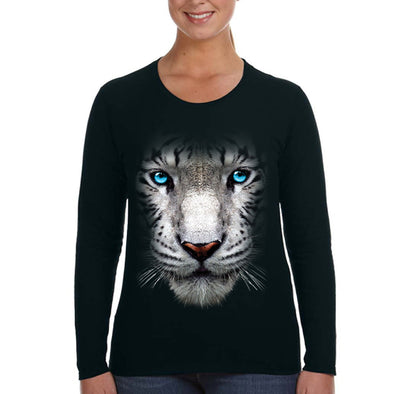 XtraFly Apparel Women&#39;s White Tiger Snow Cat Jungle Wild Animal Zoo Wildlife Safari Africa African Lion Long Sleeve T-Shirt