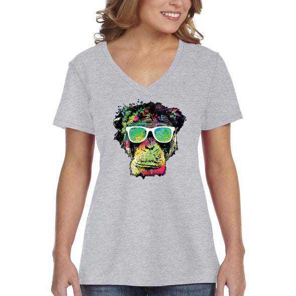 XtraFly Apparel Women&#39;s Neon Monkey Glasses Ape Chimp Chimpanzee Gorilla Primate Tie Dye Wild Animal Jungle Zoo African Lemur V-neck T-shirt